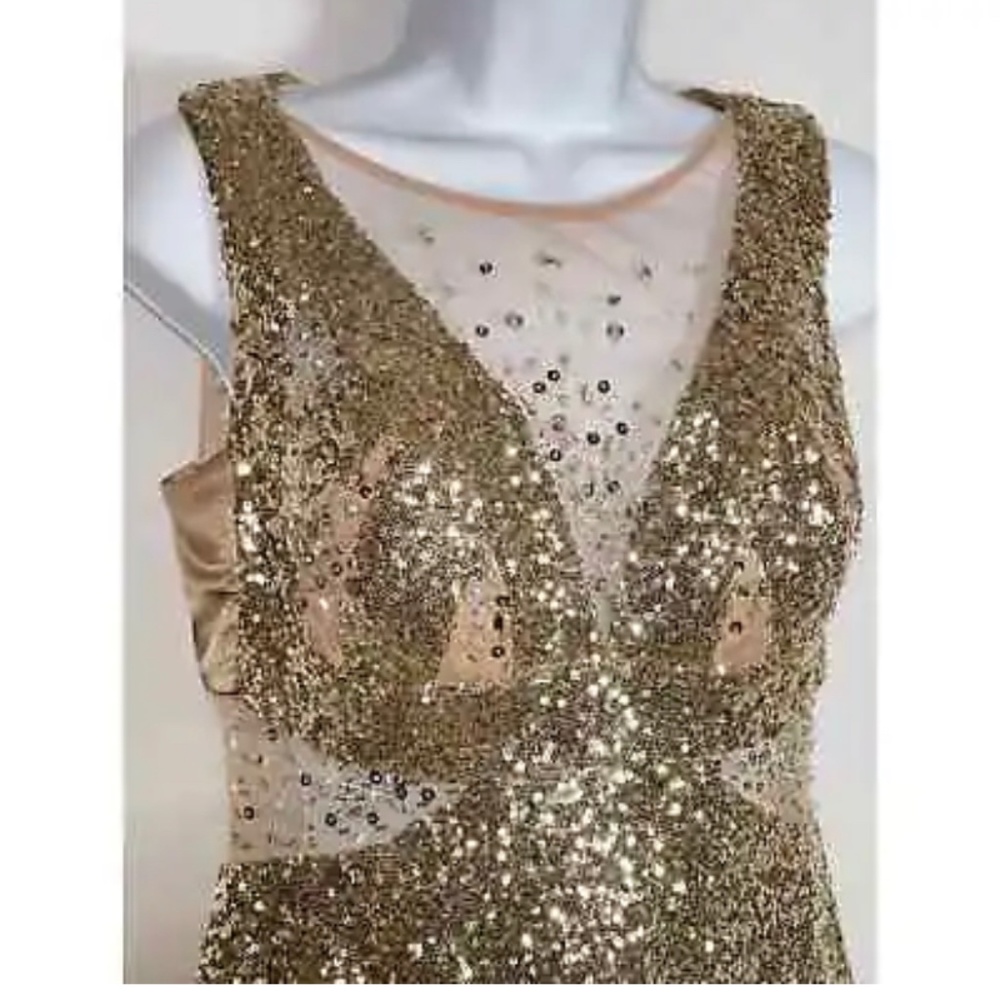 Ignite Evenings Gold Sequin Gown Dress Sheer Bodice Sz 6 Prom Homecoming Formal